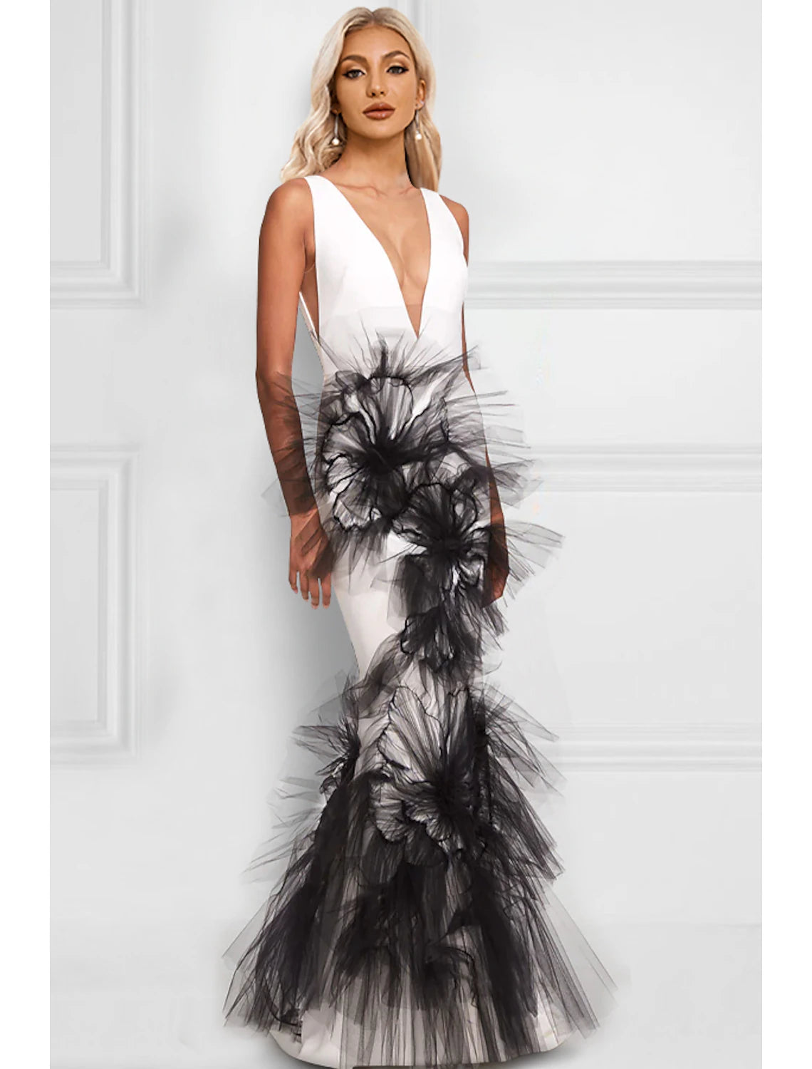 Wholesale Mermaid / Trumpet Evening Gown Color Block Dress Formal Wedding Guest Floor Length Sleeveless V Neck Stretch Fabric with Appliques